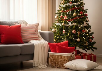 Cozy Christmas Living Room with Decorated Tree and Comfortable Sofa Offering Warm Holiday Ambiance