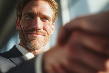 Confident businessman in formal suit smiling while shaking hands successful partnership agreement meeting handshake closeup modern office sunlight blurred background