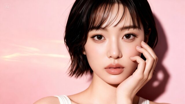 頬に手を当てて見つめる若い女性