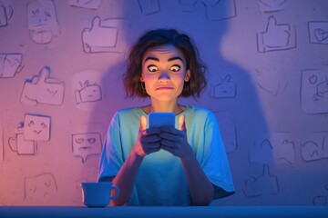 Young woman experiencing mixed emotions while reading messages on smartphone social media night anxiety stress digital addiction colorful background modern lifestyle