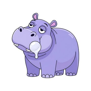 A simple flat vector hippo in a cute cartoon pose, big round eyes half-closed with a drooling bubble