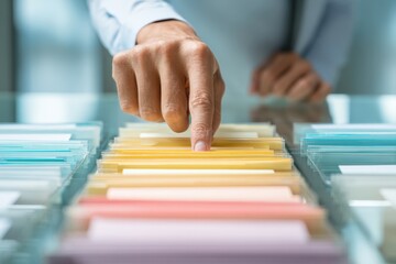 Hand selecting file folder in organized color-coded filing system, office organization, document management, hands-on business data retrieval, efficient workspace arrangement