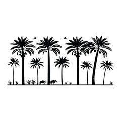 Desert Oasis Silhouette with Palm Trees and Camels