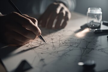 Close-up of hands drawing intricate network diagram with pen on paper, dark creative workspace, concept art, detailed sketches, brainstorming, innovative ideas, artistic expression