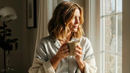 Woman enjoying a warm drink near a window in sunlight