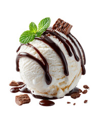 Vanilla ice cream scoop topped with fudge, mint, and chocolate pieces