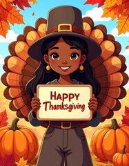 Happy Thanksgiving Cartoon Illustration with Turkey and Pumpkins