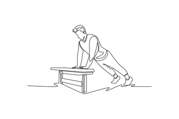 Continuous one line drawing young man is performing incline push-up using weight bench, illustrating chest strength and focused upper body workout. Single line draw design vector graphic illustration