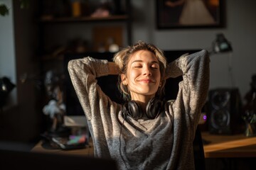 Obraz premium Relaxed young woman enjoying sunlight at home office relaxed work-from-home lifestyle smiling listening music serenity peace headphones cozy casual attire self-care