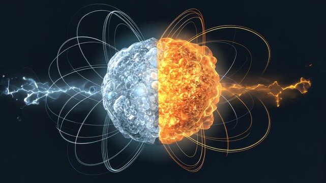 Atomic Fusion: A dynamic illustration showing a stylized atomic structure split, with one half radiating cool blue energy and the other erupting with intense orange heat.