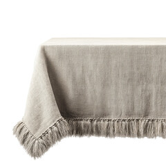 Draped beige fabric tablecloth with fringed edges over black