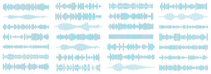 Podcast sound waves. Audio waveforms line icons, sound wave frequency or voice microphone signals. Music, podcast and broadcast, UI and audio branding design. Isolated vector set