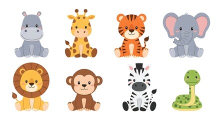 A collection of eight cute cartoon jungle animals in a flat vector illustration style, each sitting with rounded shapes and friendly expressions