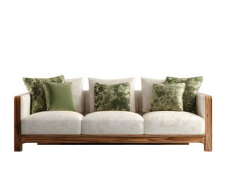Modern sofa, white cushions, patterned green pillows, dark wood frame