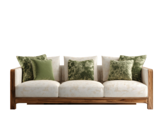 Modern sofa, white cushions, patterned green pillows, dark wood frame