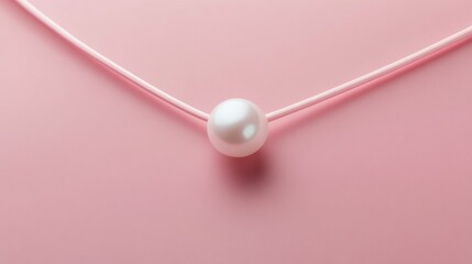A minimalist pearl choker with single freshwater pearl on a fine silk cord centered on a solid pastel pink background elegant