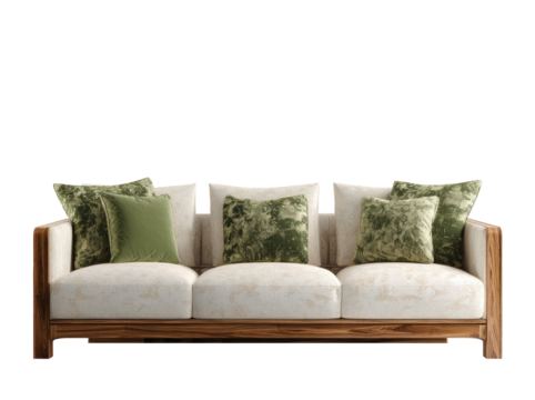 Modern sofa, white cushions, patterned green pillows, dark wood frame