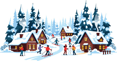Snowy village winter scene with wooden houses, skiing people, snowman builders, pine trees, chimney smoke, festive outdoor holiday activity.