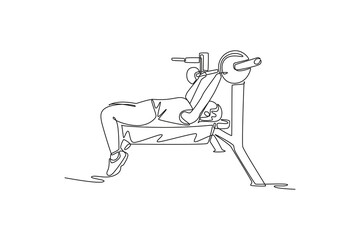 Single one line drawing young woman is performing heavy barbell bench press on weight bench, illustrating strength, focus, and intense training. Continuous line draw design graphic vector illustration