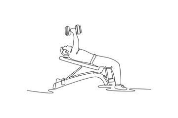 Single one line drawing young man is performing a dumbbell press on an incline bench, illustrating strength, focus, and intense chest training. Continuous line draw design graphic vector illustration