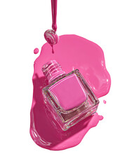 Pink nail polish spills around bottle on black