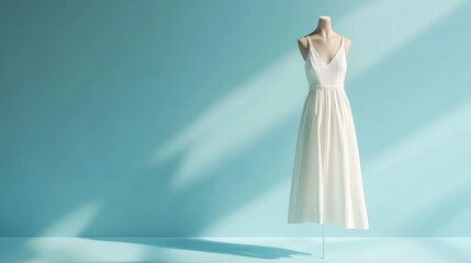 A minimalist white summer dress with thin straps and lightweight linen fabric gently draped over a standing mannequin solid sky blue background crisp clean aesthetic