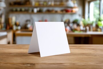 White, blank, empty menu card, recipe, note. Table stand layout. Blurred home kitchen background, restaurant interior. Mock-up template design for text or graphic decoration display. Paper menu holder