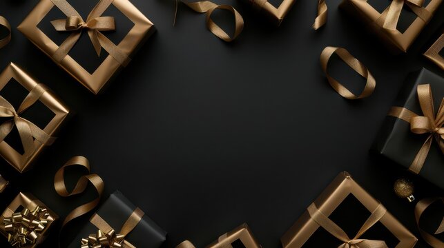 Elegant black friday gift template with gold and black wrapping for holiday promotions. Horizontal banner. Copy space. Free space for text.Top view