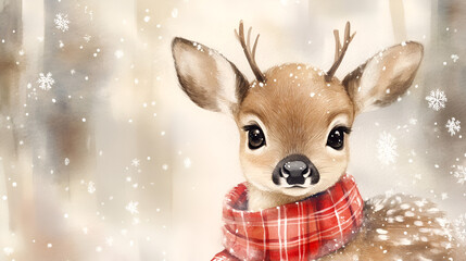 Cute deer illustration with a red scarf in a snowy winter forest festive holiday design for greeting cards and seasonal decorations