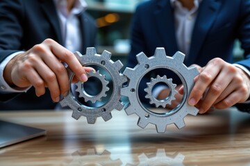 Two business professionals holding interlocked metal gears over a wooden table, symbolizing teamwork, strategic collaboration, and mechanical integration in a modern corporate setting.