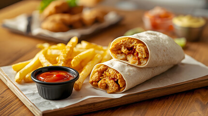 Savoury chicken burrito with french fries and ketchup on wooden board