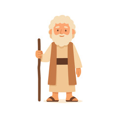 Cartoon Elderly Shepherd with Staff and Robe, Biblical Illustration Art