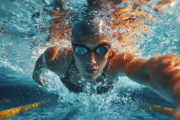 Young woman swimmer demonstrates skill in swimming pool with focused expression and powerful movement during a bright afternoon session