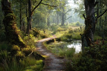 Naklejka premium Explore a serene wooden path winding through lush greenery and tranquil waters in a stunning natural park during early morning light