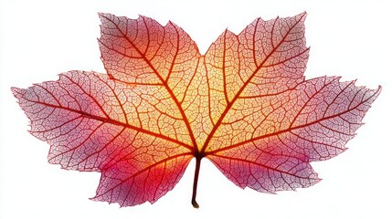 Fototapeta premium Close-up of Translucent Autumn Maple Leaf – Delicate Red and Orange Fall Foliage for Seasonal Decor and Nature Photography