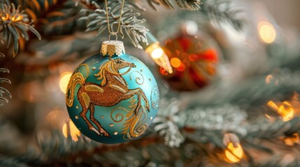 Festive christmas ornament with golden horse on decorated tree branch. Horizontal banner. Copy space. Christmas tree bauble decorated with a horse. Happy New Year. Merry Christmas. Free space for text