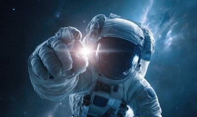 Astronaut in spacesuit reaches forward against a nebula galaxy background