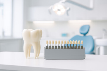 Tooth model veneer shade guide dental clinic equipment for color matching teeth restoration and cosmetic dentistry treatment in bright medical office