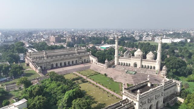 Aerial 4k shot of Bara Imambara at Husainabad, Lucknow, Uttar Pradesh, India	