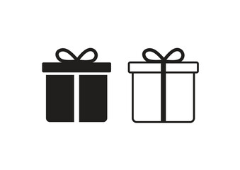 Gift Box Icons – Solid and Outline Black Present Symbol Set. Gift box icon set in line style. Gift wrapping simple black style symbol sign for apps and website, vector illustration.