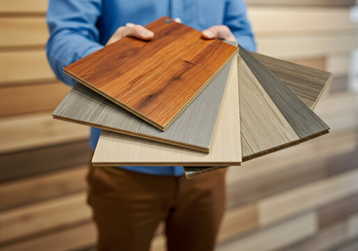 A man holding a variety of flooring samples to show the different types of wood and tile available for installation
