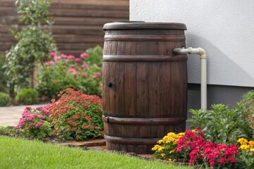 Naklejka premium Brown rainwater collection barrel beside vibrant flower beds colorful blooms. Sustainable gardening. Enhancing the outdoor space environment. Promoting eco-friendly horticulture, farming practices