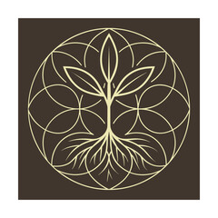 Geometric mandala with plant and root motif in beige on brown pattern symmetry