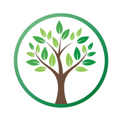 Obraz premium Green tree with brown trunk inside a green circle on white background Keywords: tree, green, nature, growth, life, circle, symbol, organic