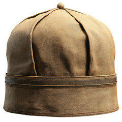 Tan, domed hat with trim band, folded fabric panels
