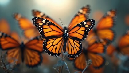 Fototapeta premium Monarch butterflies in close up. Stunning nature photo shows vibrant orange black insect wings. Beautiful butterflies fluttering around. Wonderful pattern of butterfly wings in nature.