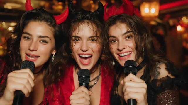 Beautiful young friends, dressed in devilish costumes with horns, enthusiastically singing into microphones at a karaoke or costume party.