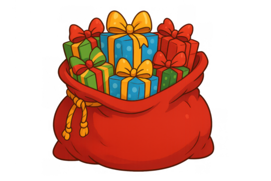 Red bag filled with colorful christmas gifts, presents for holiday season, celebration, and winter festivities