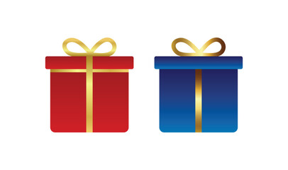 Red, Blue Gift Boxes – Stylized Present Icons with Golden Ribbon Design. Set of decorative gift boxes isolated on white. Holiday decoration.