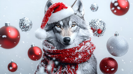 Wolf wearing a Santa hat and scarf surrounded by Christmas ornaments a festive holiday illustration